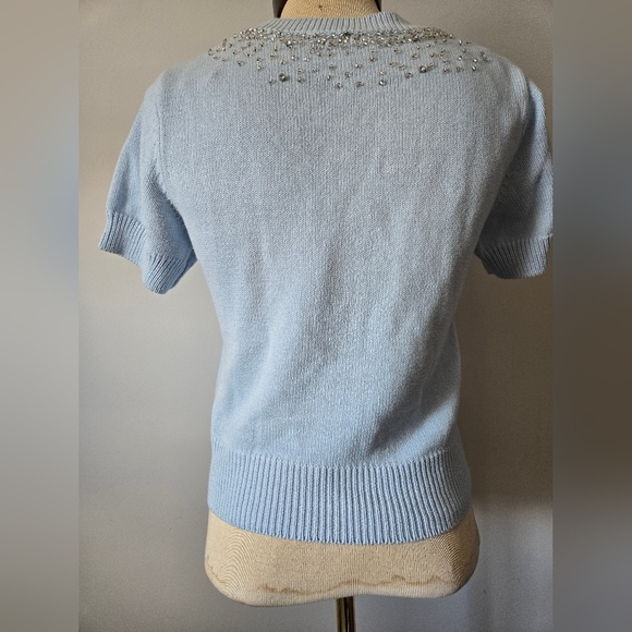 ZARA Light Blue Beaded Short Sleeve Sweater. Size Small - Picture 5 of 9